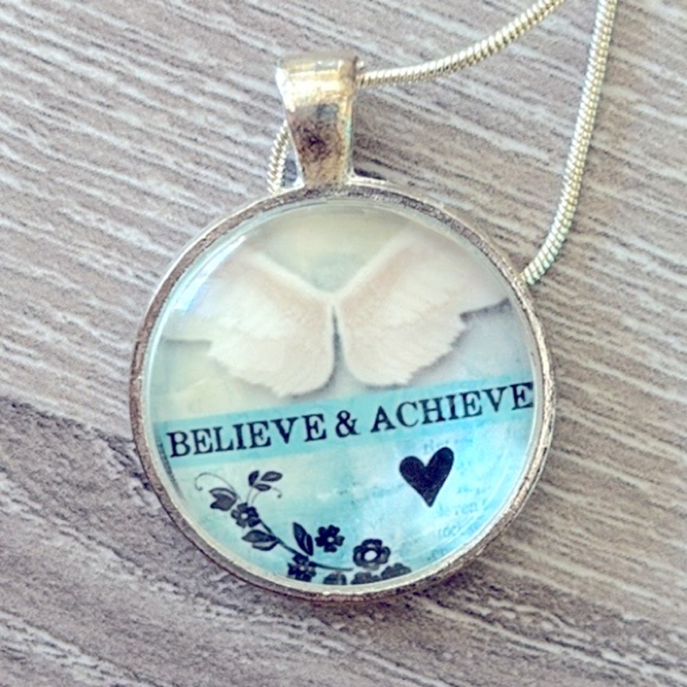 SILVER TONED NECKLACE With Circle Pendant, Adjustable 9”-10”, Believe & Achieve! - Picture 6 of 6